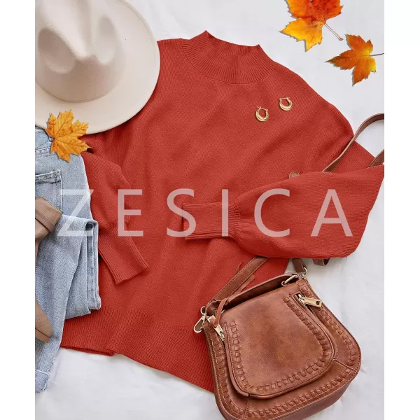 imageZESICA Womens 2024 Casual Turtleneck Long Lantern Sleeve Oversized Ribbed Knit Pullover Sweater Jumper TopRed