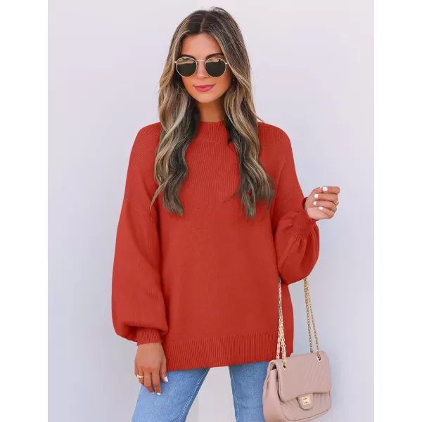 imageZESICA Womens 2024 Casual Turtleneck Long Lantern Sleeve Oversized Ribbed Knit Pullover Sweater Jumper TopRed