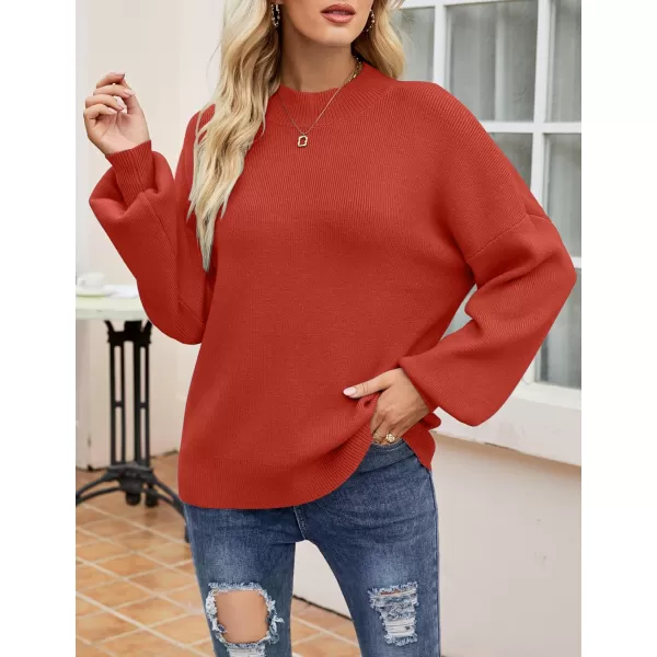 imageZESICA Womens 2024 Casual Turtleneck Long Lantern Sleeve Oversized Ribbed Knit Pullover Sweater Jumper TopRed