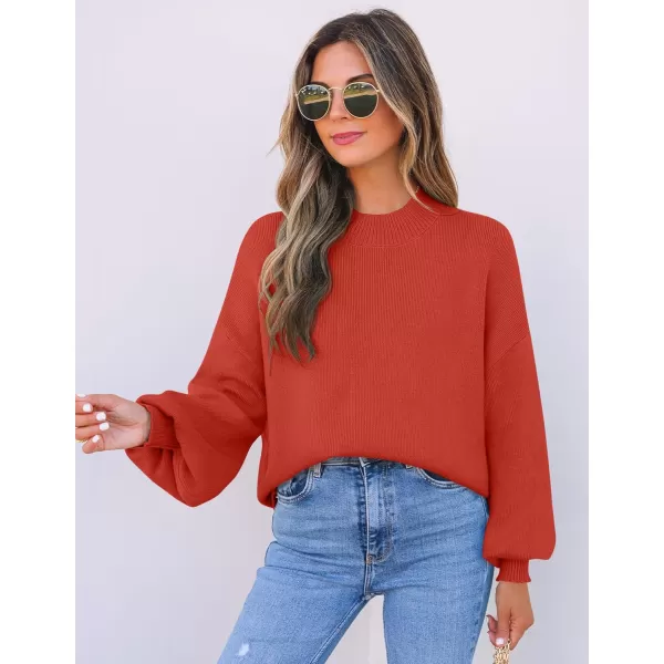 imageZESICA Womens 2024 Casual Turtleneck Long Lantern Sleeve Oversized Ribbed Knit Pullover Sweater Jumper TopRed