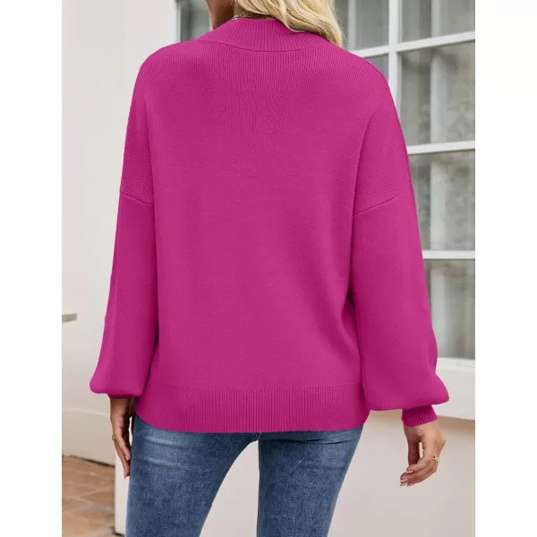 imageZESICA Womens 2024 Casual Turtleneck Long Lantern Sleeve Oversized Ribbed Knit Pullover Sweater Jumper TopRose