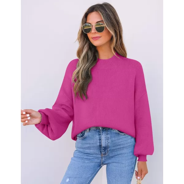 imageZESICA Womens 2024 Casual Turtleneck Long Lantern Sleeve Oversized Ribbed Knit Pullover Sweater Jumper TopRose