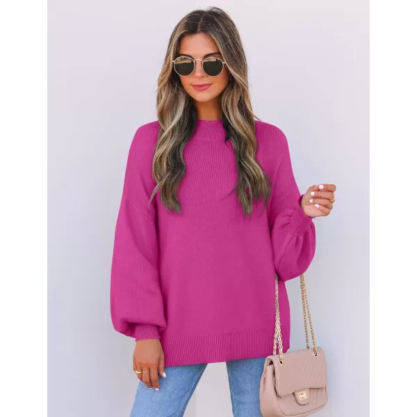 imageZESICA Womens 2024 Casual Turtleneck Long Lantern Sleeve Oversized Ribbed Knit Pullover Sweater Jumper TopRose