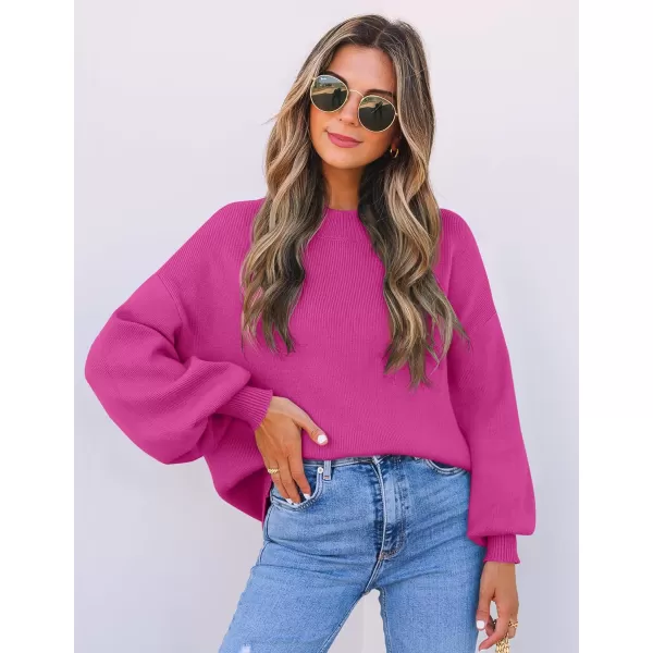 imageZESICA Womens 2024 Casual Turtleneck Long Lantern Sleeve Oversized Ribbed Knit Pullover Sweater Jumper TopRose