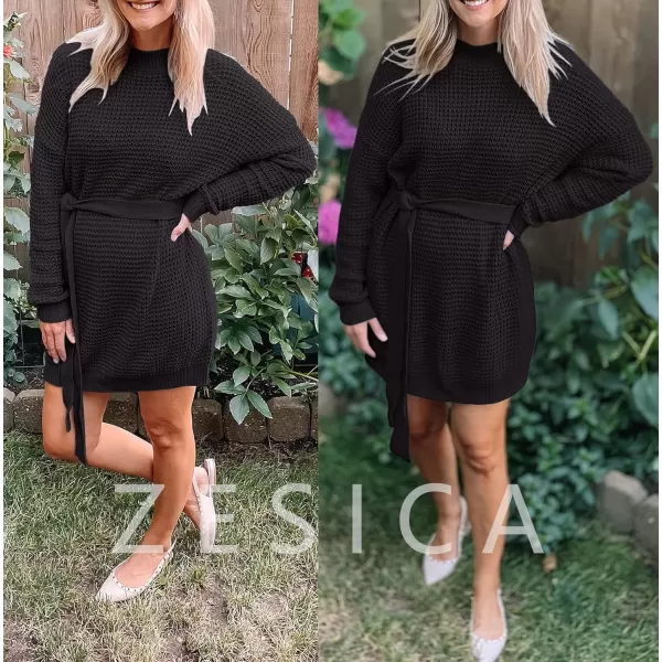 imageZESICA Womens 2024 Fall Long Sleeve Solid Color Waffle Knitted Tie Wasit Tunic Pullover Sweater DressBlack