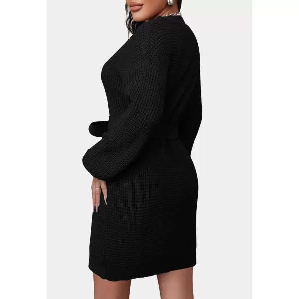 imageZESICA Womens 2024 Fall Long Sleeve Solid Color Waffle Knitted Tie Wasit Tunic Pullover Sweater DressBlack