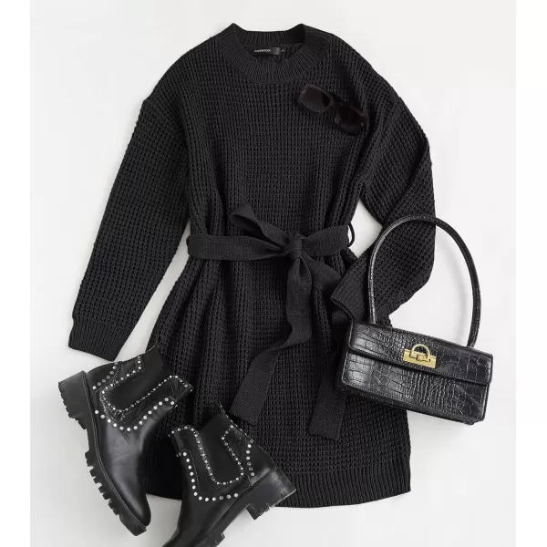 imageZESICA Womens 2024 Fall Long Sleeve Solid Color Waffle Knitted Tie Wasit Tunic Pullover Sweater DressBlack
