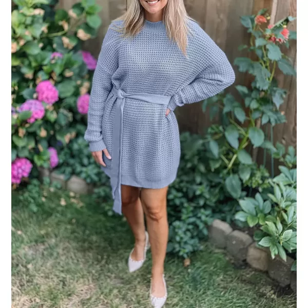 imageZESICA Womens 2024 Fall Long Sleeve Solid Color Waffle Knitted Tie Wasit Tunic Pullover Sweater DressBlue