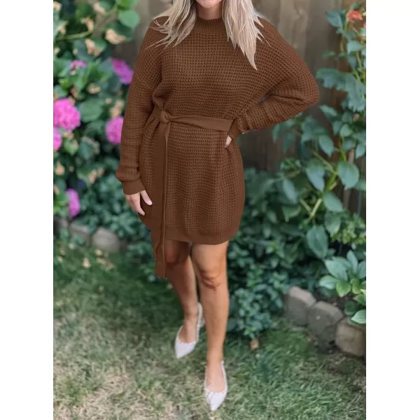 imageZESICA Womens 2024 Fall Long Sleeve Solid Color Waffle Knitted Tie Wasit Tunic Pullover Sweater DressBrown