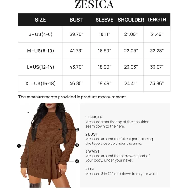 imageZESICA Womens 2024 Fall Long Sleeve Solid Color Waffle Knitted Tie Wasit Tunic Pullover Sweater DressBrown