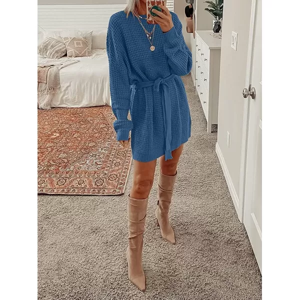 imageZESICA Womens 2024 Fall Long Sleeve Solid Color Waffle Knitted Tie Wasit Tunic Pullover Sweater DressDustyblue