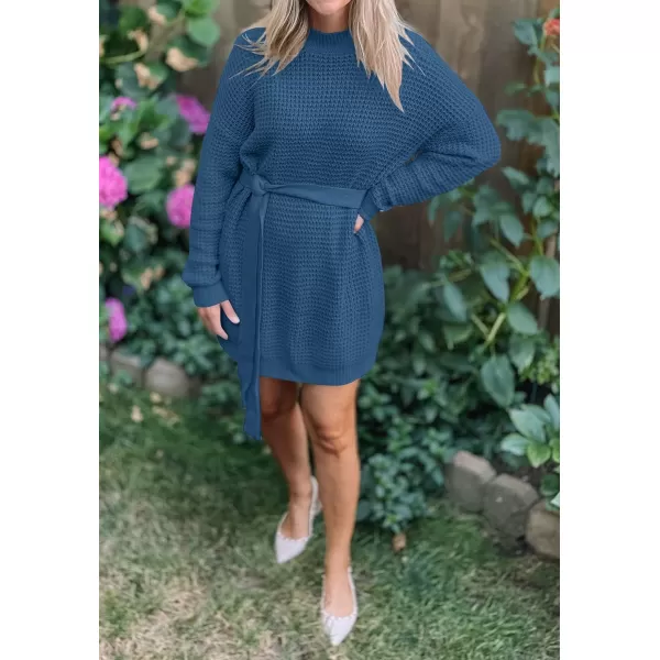 imageZESICA Womens 2024 Fall Long Sleeve Solid Color Waffle Knitted Tie Wasit Tunic Pullover Sweater DressDustyblue