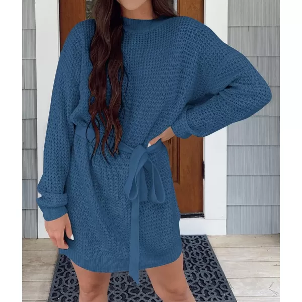 imageZESICA Womens 2024 Fall Long Sleeve Solid Color Waffle Knitted Tie Wasit Tunic Pullover Sweater DressDustyblue