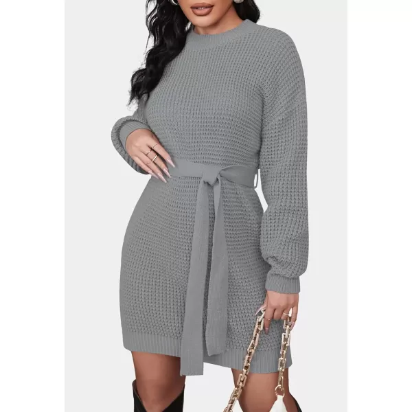 imageZESICA Womens 2024 Fall Long Sleeve Solid Color Waffle Knitted Tie Wasit Tunic Pullover Sweater DressGrey