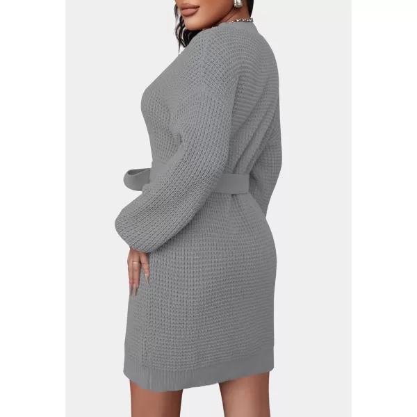 imageZESICA Womens 2024 Fall Long Sleeve Solid Color Waffle Knitted Tie Wasit Tunic Pullover Sweater DressGrey