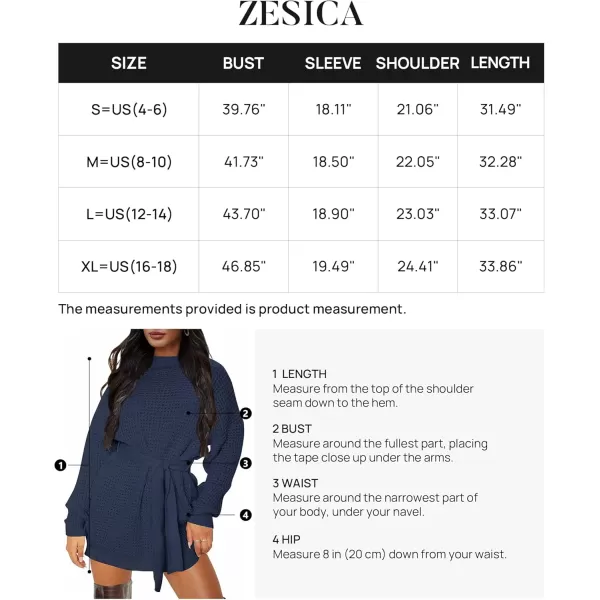 imageZESICA Womens 2024 Fall Long Sleeve Solid Color Waffle Knitted Tie Wasit Tunic Pullover Sweater DressNavy