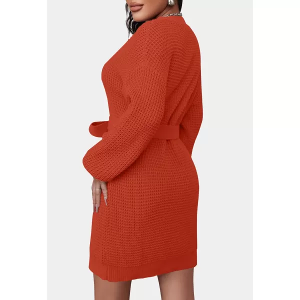 imageZESICA Womens 2024 Fall Long Sleeve Solid Color Waffle Knitted Tie Wasit Tunic Pullover Sweater DressOrange