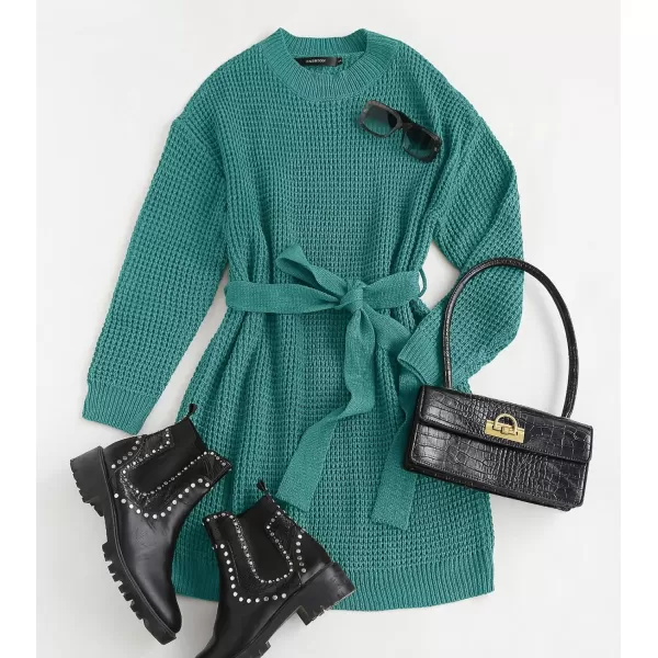 imageZESICA Womens 2024 Fall Long Sleeve Solid Color Waffle Knitted Tie Wasit Tunic Pullover Sweater DressPeacock