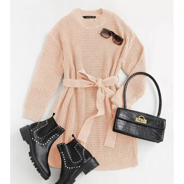 imageZESICA Womens 2024 Fall Long Sleeve Solid Color Waffle Knitted Tie Wasit Tunic Pullover Sweater DressPink