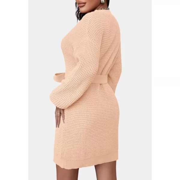 imageZESICA Womens 2024 Fall Long Sleeve Solid Color Waffle Knitted Tie Wasit Tunic Pullover Sweater DressPink