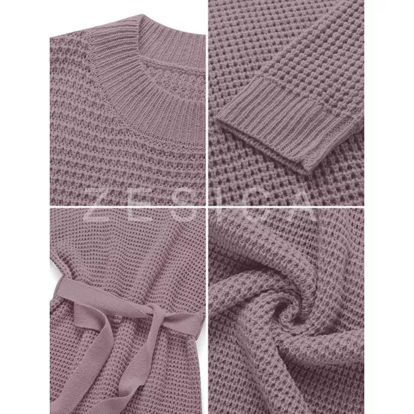 imageZESICA Womens 2024 Fall Long Sleeve Solid Color Waffle Knitted Tie Wasit Tunic Pullover Sweater DressPurple