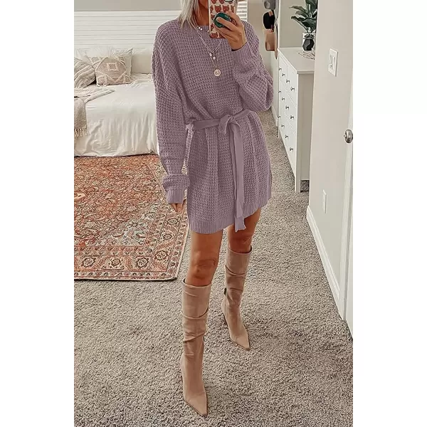 imageZESICA Womens 2024 Fall Long Sleeve Solid Color Waffle Knitted Tie Wasit Tunic Pullover Sweater DressPurple