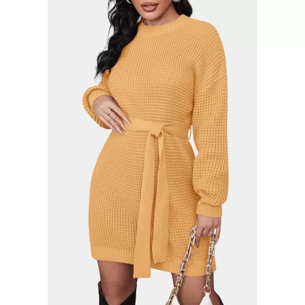 imageZESICA Womens 2024 Fall Long Sleeve Solid Color Waffle Knitted Tie Wasit Tunic Pullover Sweater DressYellow