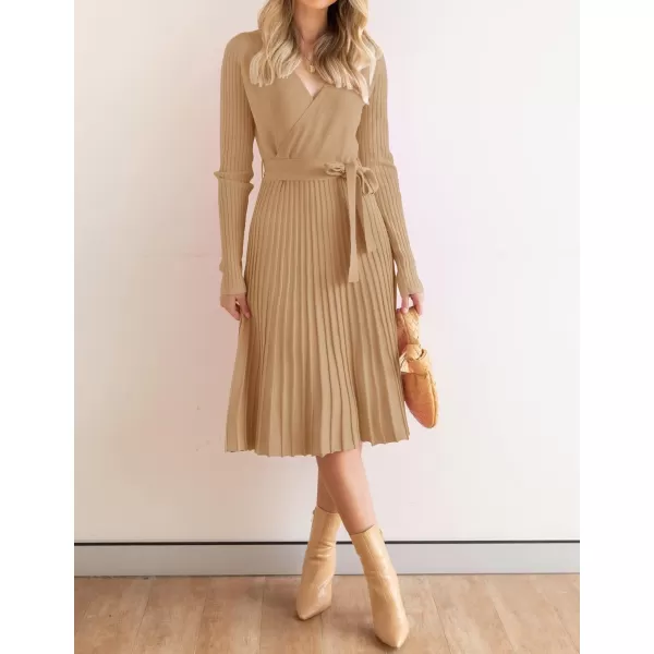 imageZESICA Womens 2024 Fall Long Sleeve Wrap V Neck Ribbed Knit Pleated A Line Pullover Sweater Dress with BeltCamel