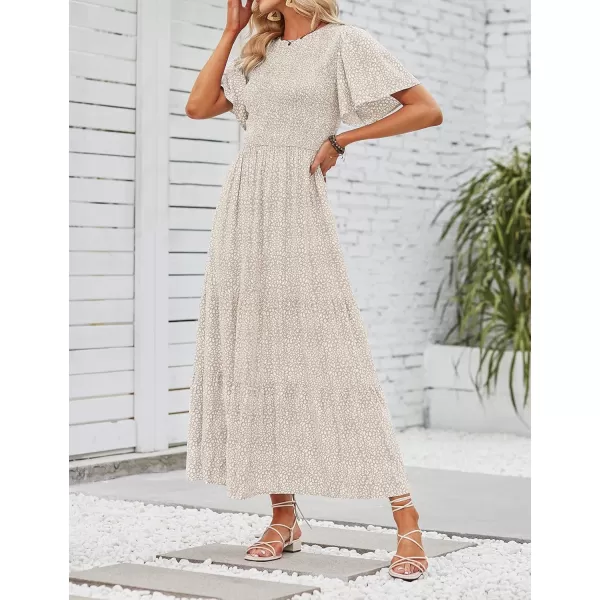 imageZESICA Womens 2024 Summer Casual Floral Print Short Flutter Sleeve Crew Neck Smocked High Waist Flowy Maxi DressBeige