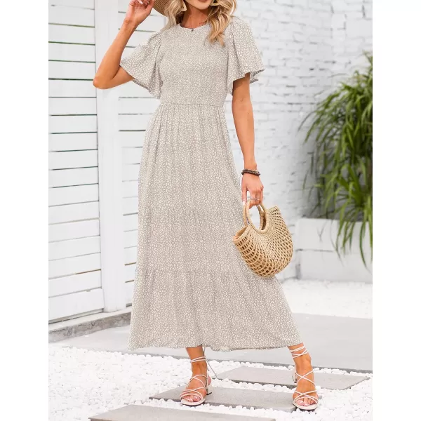 imageZESICA Womens 2024 Summer Casual Floral Print Short Flutter Sleeve Crew Neck Smocked High Waist Flowy Maxi DressBeige