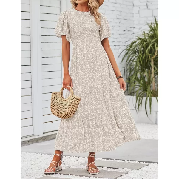 imageZESICA Womens 2024 Summer Casual Floral Print Short Flutter Sleeve Crew Neck Smocked High Waist Flowy Maxi DressBeige
