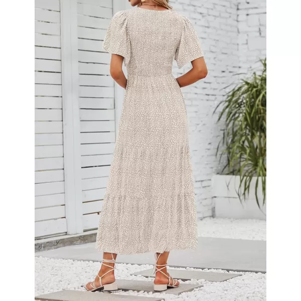 imageZESICA Womens 2024 Summer Casual Floral Print Short Flutter Sleeve Crew Neck Smocked High Waist Flowy Maxi DressBeige