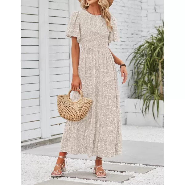 imageZESICA Womens 2024 Summer Casual Floral Print Short Flutter Sleeve Crew Neck Smocked High Waist Flowy Maxi DressBeige