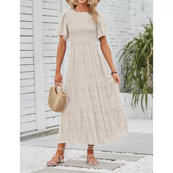 imageZESICA Womens 2024 Summer Casual Floral Print Short Flutter Sleeve Crew Neck Smocked High Waist Flowy Maxi DressBeige