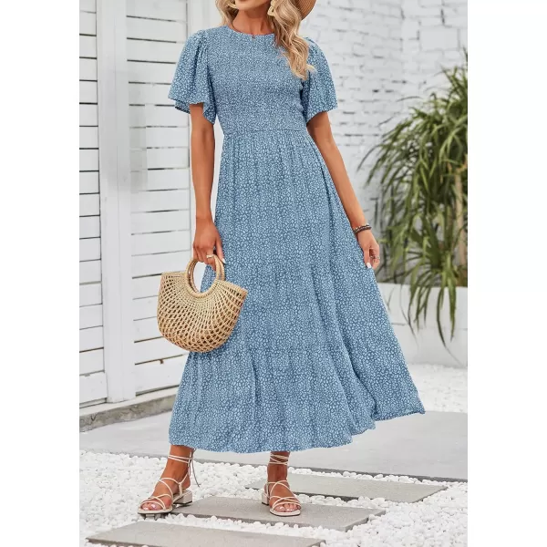 imageZESICA Womens 2024 Summer Casual Floral Print Short Flutter Sleeve Crew Neck Smocked High Waist Flowy Maxi DressBlue