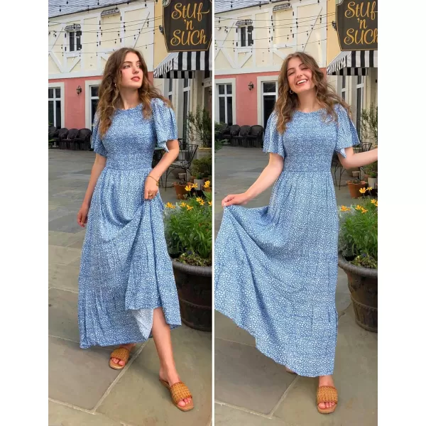 imageZESICA Womens 2024 Summer Casual Floral Print Short Flutter Sleeve Crew Neck Smocked High Waist Flowy Maxi DressBlue