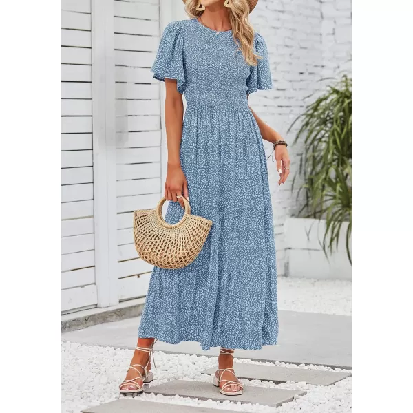 imageZESICA Womens 2024 Summer Casual Floral Print Short Flutter Sleeve Crew Neck Smocked High Waist Flowy Maxi DressBlue