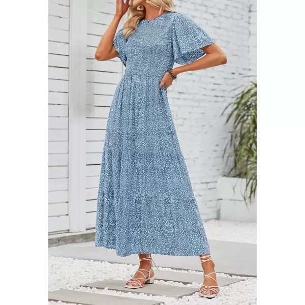 imageZESICA Womens 2024 Summer Casual Floral Print Short Flutter Sleeve Crew Neck Smocked High Waist Flowy Maxi DressBlue
