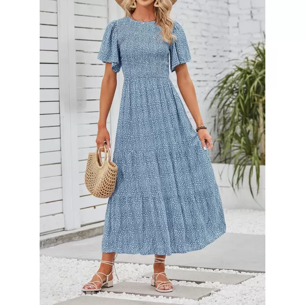imageZESICA Womens 2024 Summer Casual Floral Print Short Flutter Sleeve Crew Neck Smocked High Waist Flowy Maxi DressBlue