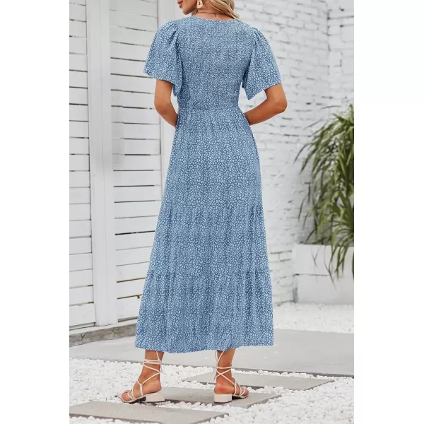 imageZESICA Womens 2024 Summer Casual Floral Print Short Flutter Sleeve Crew Neck Smocked High Waist Flowy Maxi DressBlue
