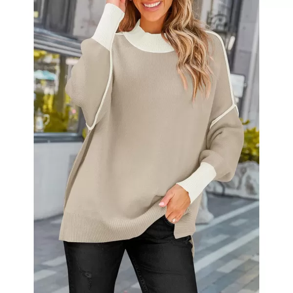 imageZESICA Womens Winter Oversized Sweaters Long Sleeve Color Block Mock Neck Side Slit Comfy Loose Knitted Pullover TopsOatmeal