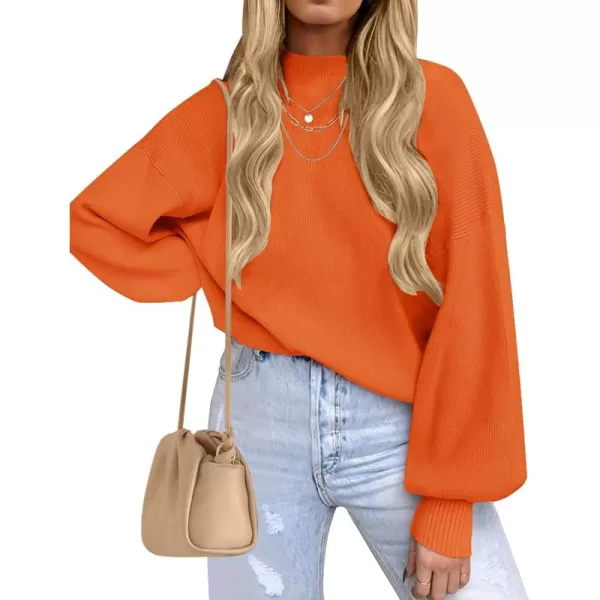 imageZESICA Womens 2024 Casual Turtleneck Long Lantern Sleeve Oversized Ribbed Knit Pullover Sweater Jumper TopOrange
