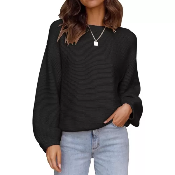 imageZESICA Womens 2024 Crew Neck Long Lantern Sleeve Casual Loose Ribbed Knit Solid Soft Pullover Sweater TopsBlack