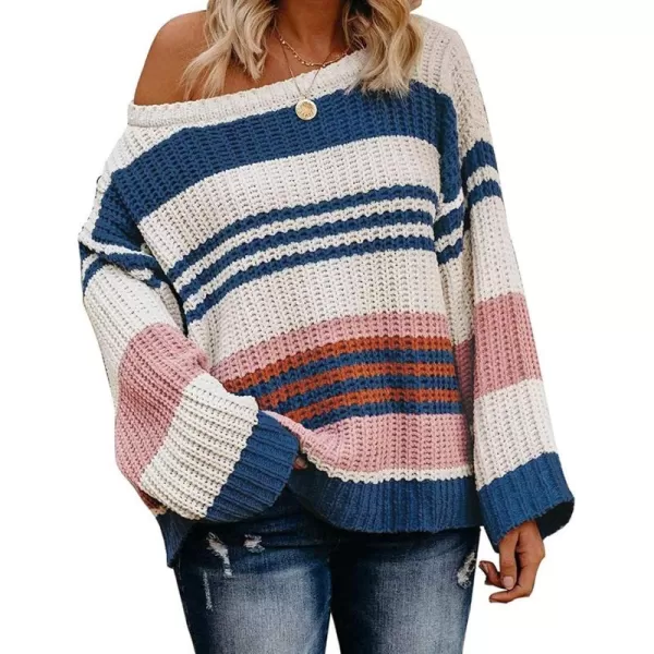 imageZESICA Womens 2024 Fall Long Sleeve Crew Neck Striped Color Block Casual Loose Knitted Pullover Sweater TopsBlue2