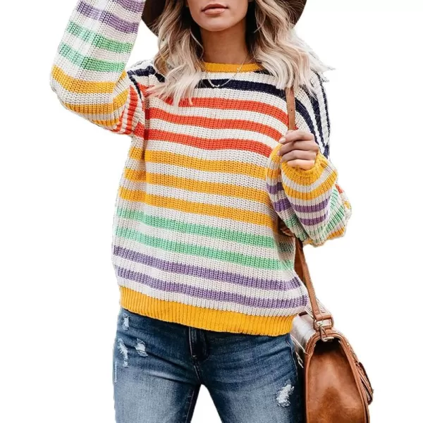 imageZESICA Womens 2024 Fall Long Sleeve Crew Neck Striped Color Block Casual Loose Knitted Pullover Sweater TopsYellow
