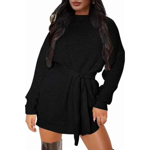 imageZESICA Womens 2024 Fall Long Sleeve Solid Color Waffle Knitted Tie Wasit Tunic Pullover Sweater DressBlack