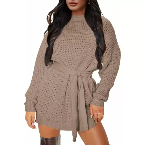 imageZESICA Womens 2024 Fall Long Sleeve Solid Color Waffle Knitted Tie Wasit Tunic Pullover Sweater DressKhaki