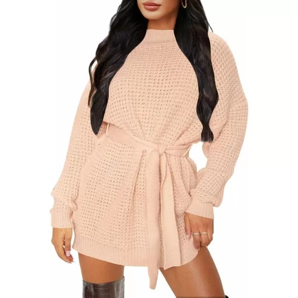 imageZESICA Womens 2024 Fall Long Sleeve Solid Color Waffle Knitted Tie Wasit Tunic Pullover Sweater DressPink