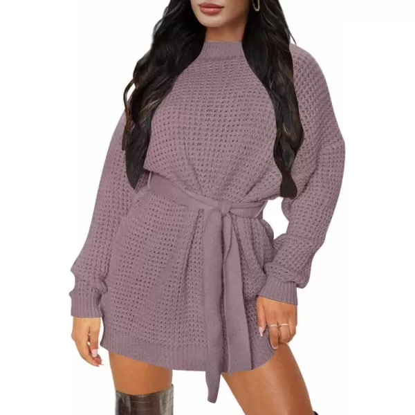 imageZESICA Womens 2024 Fall Long Sleeve Solid Color Waffle Knitted Tie Wasit Tunic Pullover Sweater DressPurple