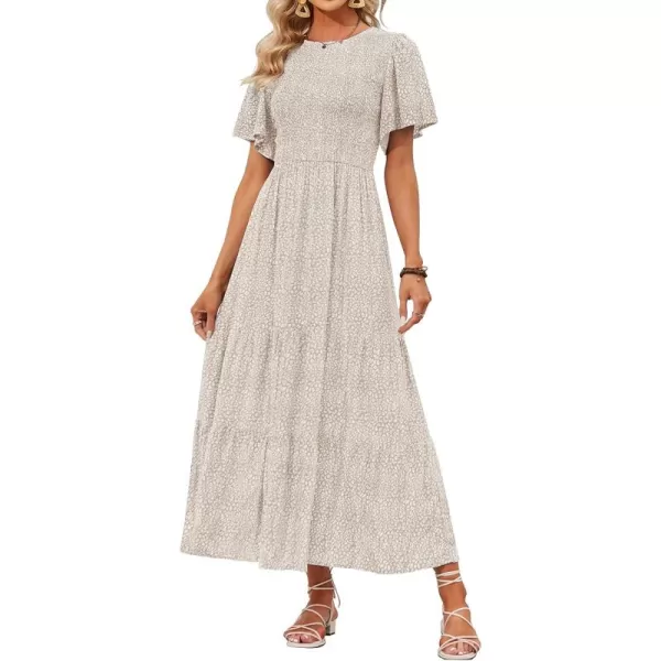 imageZESICA Womens 2024 Summer Casual Floral Print Short Flutter Sleeve Crew Neck Smocked High Waist Flowy Maxi DressBeige